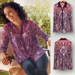 Soft Surroundings Seraphina Top Size Large Paisley Button Front Miraja Purple